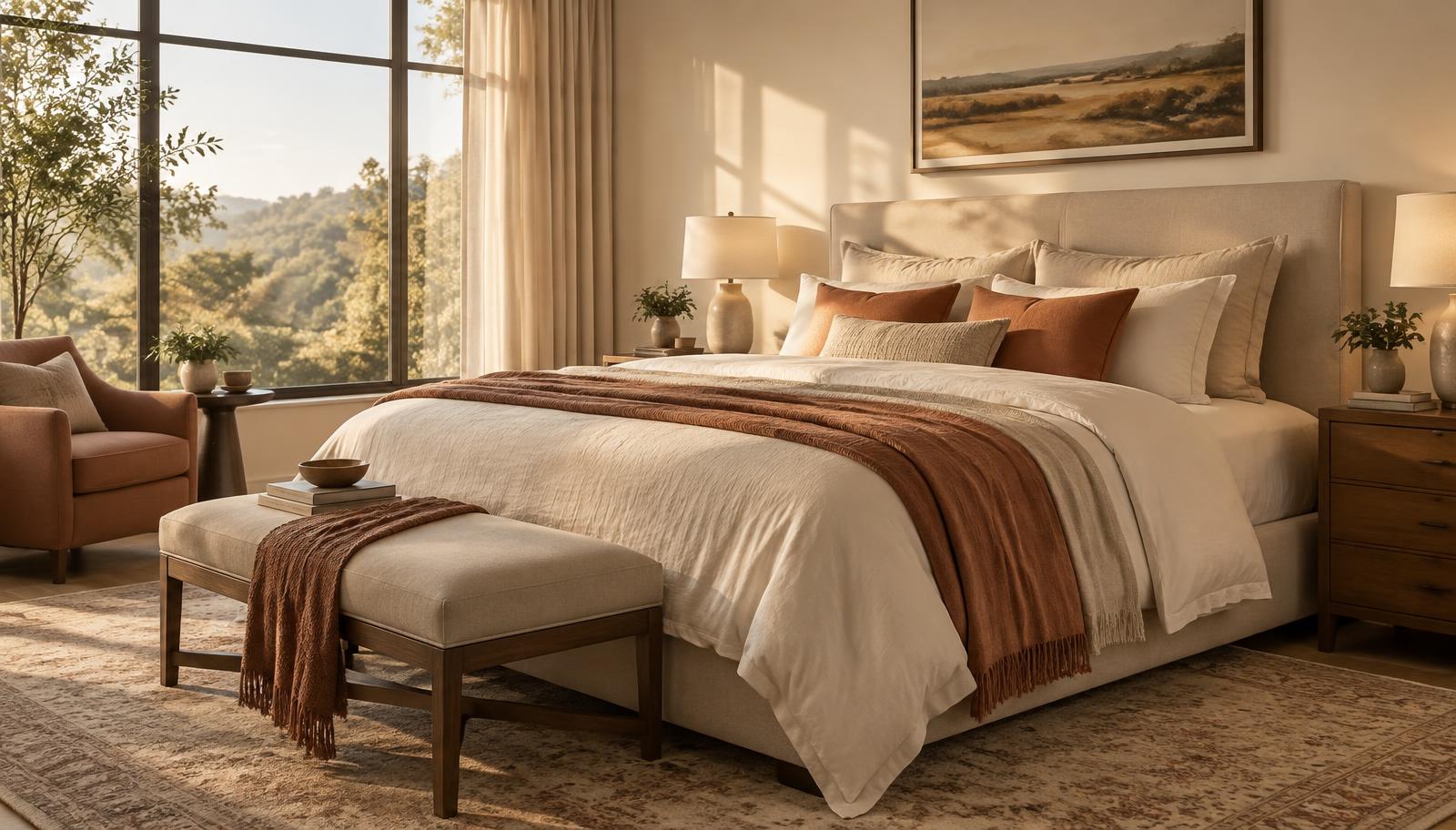 Sunlit bedroom with a made bed in cream linen and terracotta throw pillows