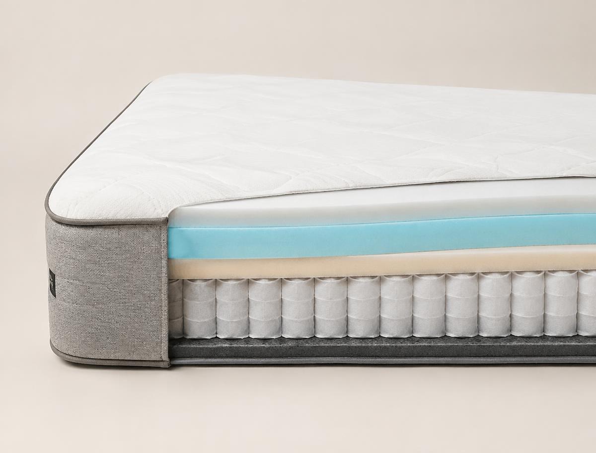 Cutaway of a hybrid mattress showing foam comfort layers above pocketed coils