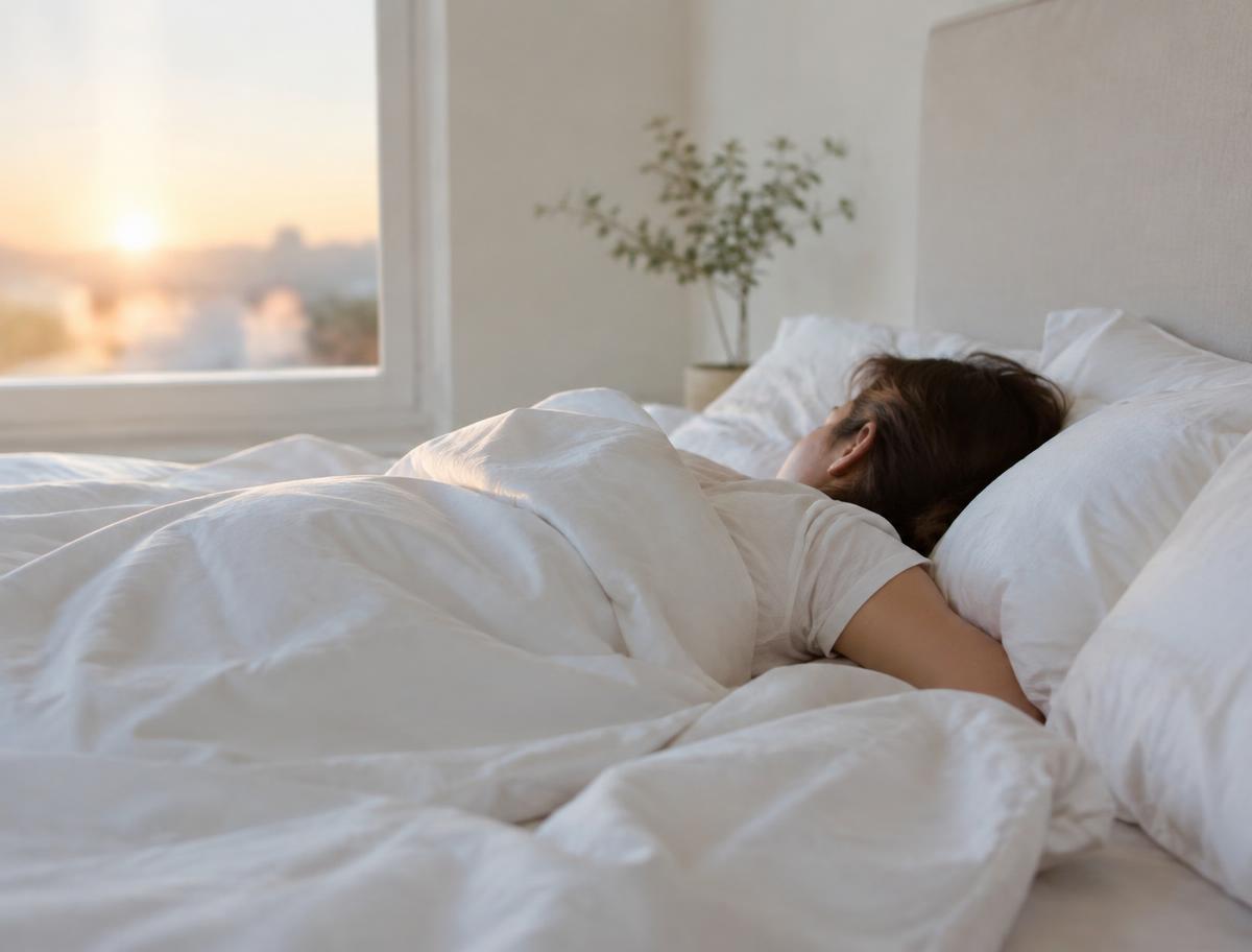 Person sleeping on their side under a white duvet at sunrise